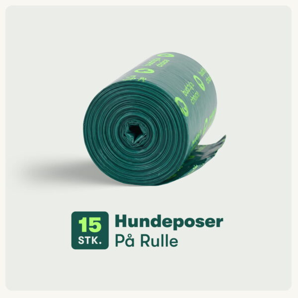 Rulle med grønne hundeposer med logo, 15 stk