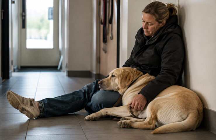 Kvinde sidder i klinikgang og trøster en gul labrador, hunden hviler hovedet i hendes skød