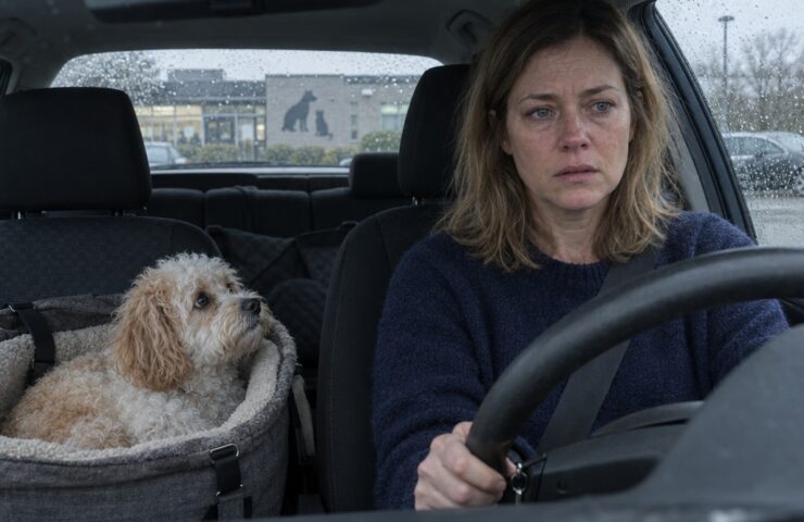 Bekymret kvinde ved rattet, lille krøllet hund i polstret hundesæde ved siden af, regndråber på forruden